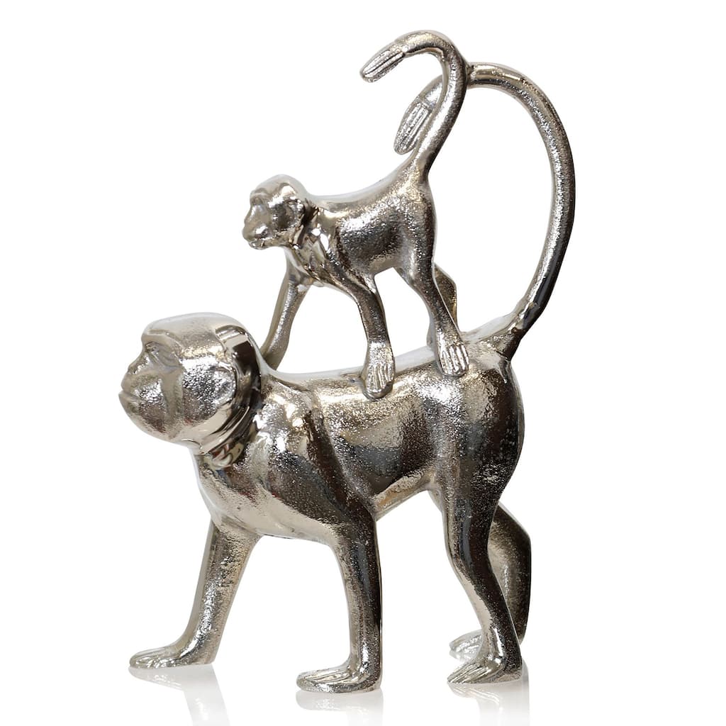 Mother and Child - Silver Monkey Decorative Table Top Accessory - 2.5"D x 8.5"W x 11"H - 2.5"D x 8.5"W x 11"H