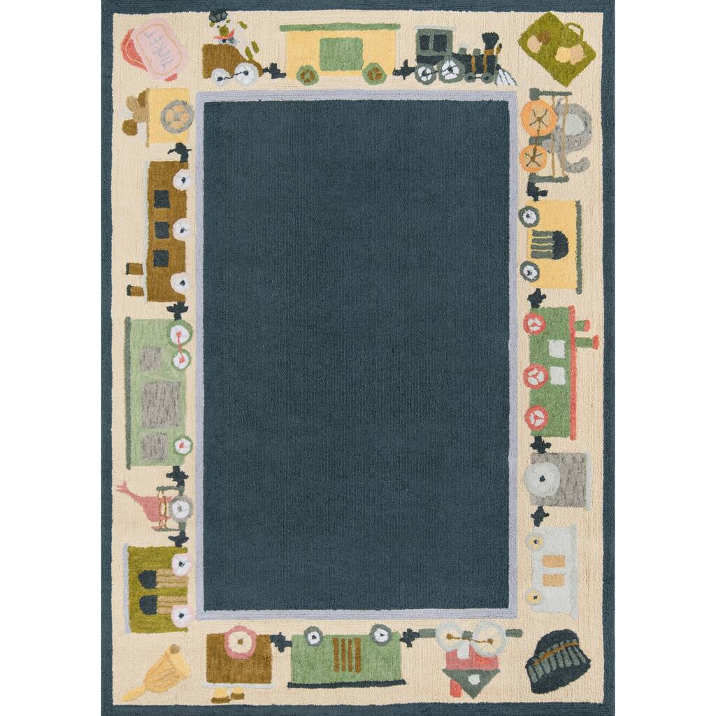 Momeni Lil Mo Classic Blue Choo Choo Train Hand-Hooked Cotton Rug (2' X 3')