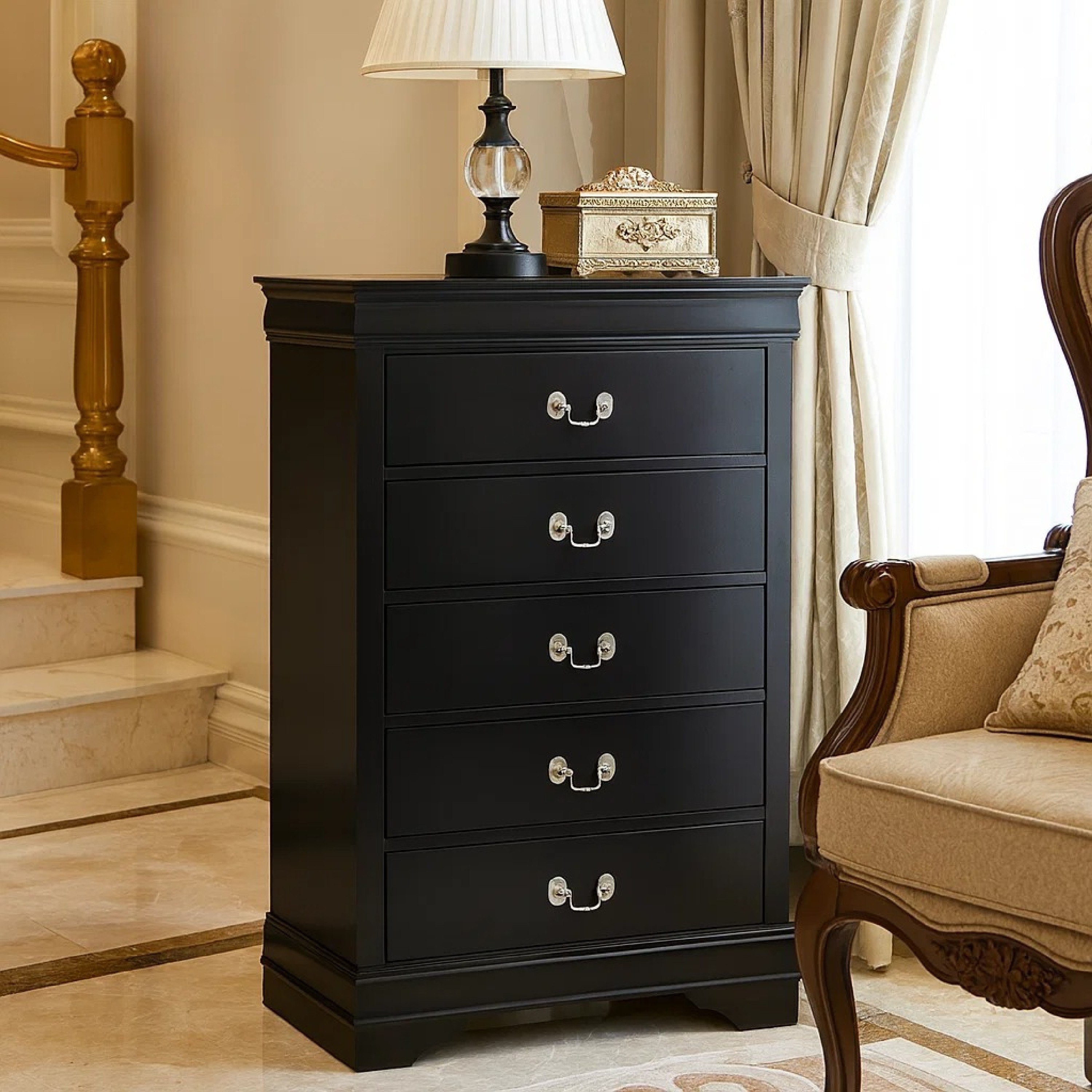 black wood tall dresser 5 Drawers Wooden Chest With Silver Pulls Azazie Black Stretch Satin jkwirtanen75 and personal accessories Size:X Large (16)
