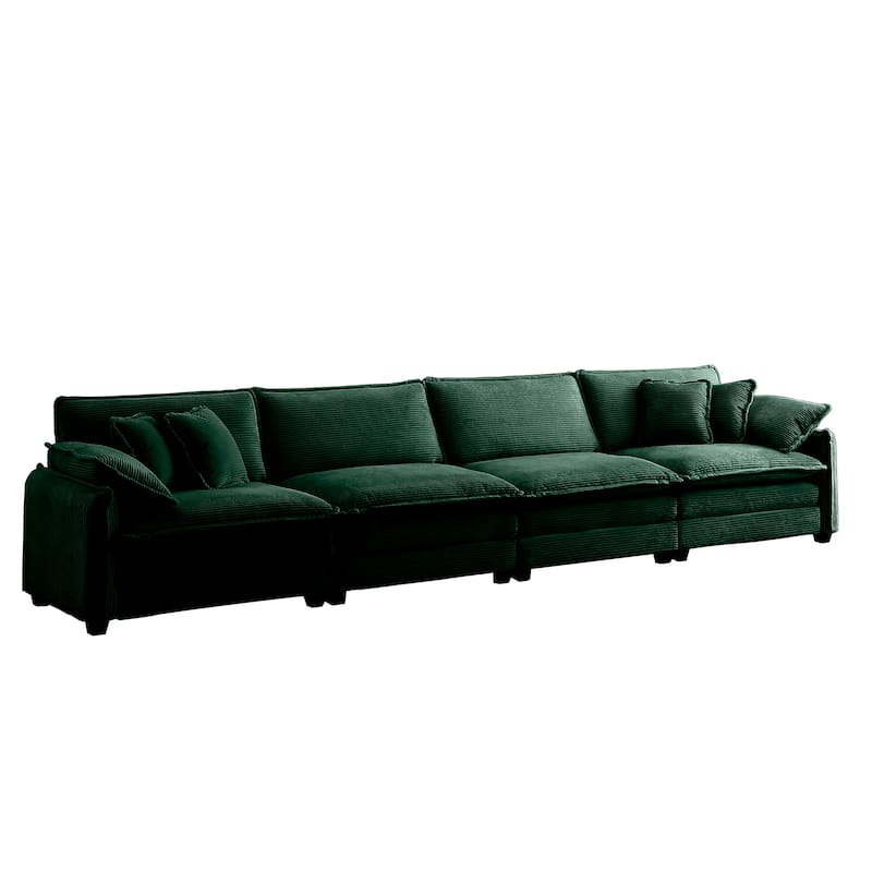 Green 150" Corduroy Upholstered 4-seater Modular Sectional Sofa with 6 Pillows, Free Combination Design
