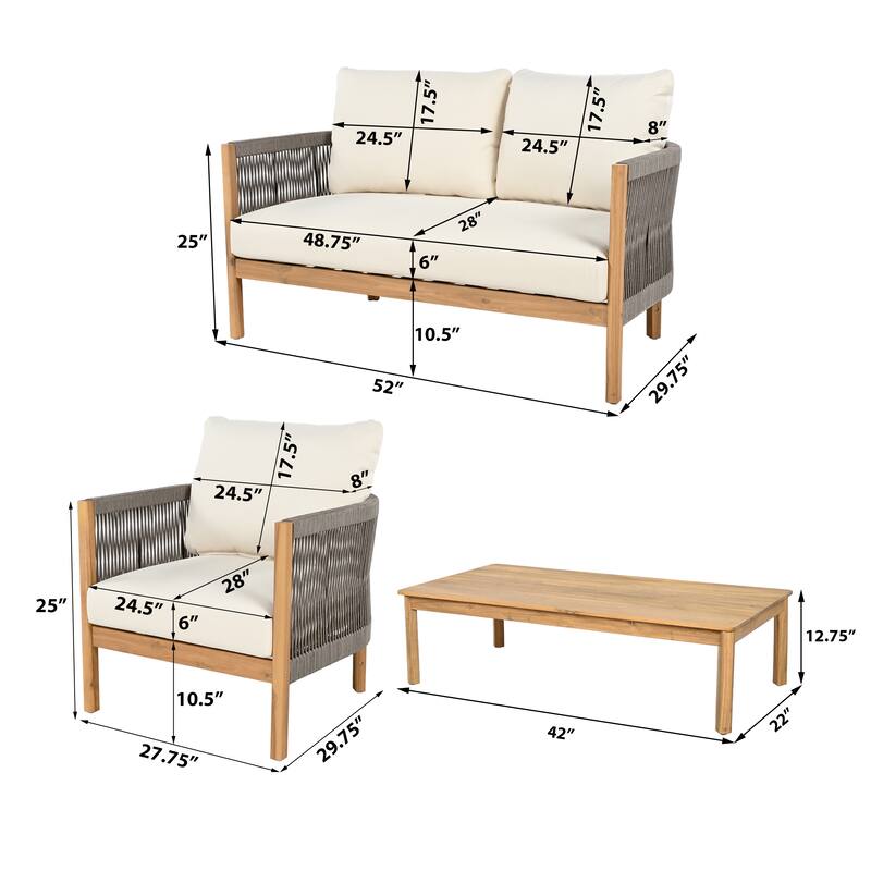 Christopher Knight Home - Amelie Outdoor 4-Piece Acacia Lounge Set - Loveseat, Club Chairs, & Coffee Table with Cushions