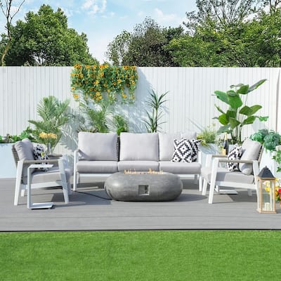 7 Piece Aluminum Patio Conversation Sofa Set with Oval Cement Fire Pit Table