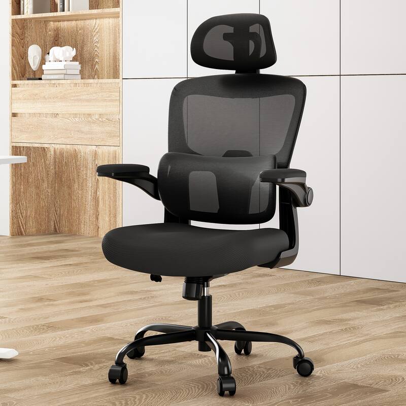 Ergonomic Office Chair, High Back Desk Chair with Flip-Up Armrest and Adjustable Lumbar Support, Computer Chair