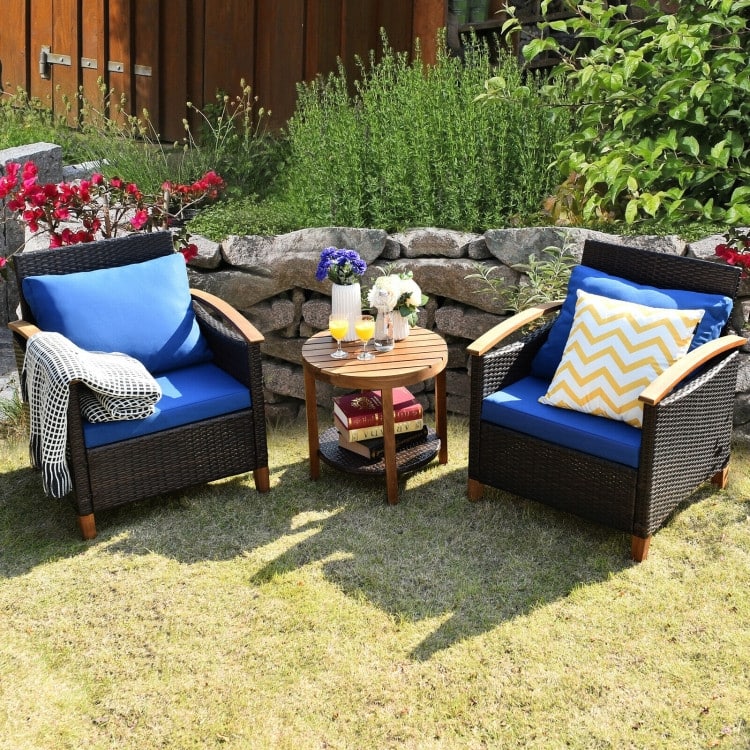 3-Piece Patio Rattan Furniture Set with Solid Wood Frame
