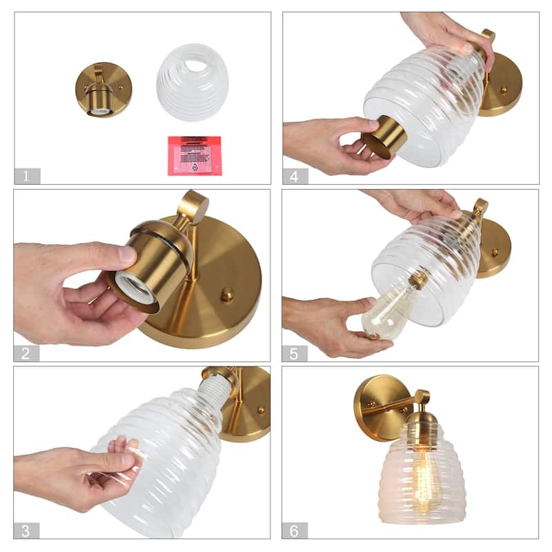 Reno Mid-Century Modern 1-Light Gold Bathroom Vanity Lights Clear Glass Wall Sconce - L 5.5" x W 7.5" x H 9.8"