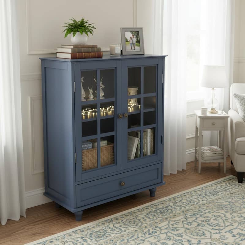 Homy Casa Minimalist Buffet Cabinet with Glass Doors & Drawer, Storage Sideboard, Kitchen Living & Dining Room Hallway Entryway - 28" - Blue