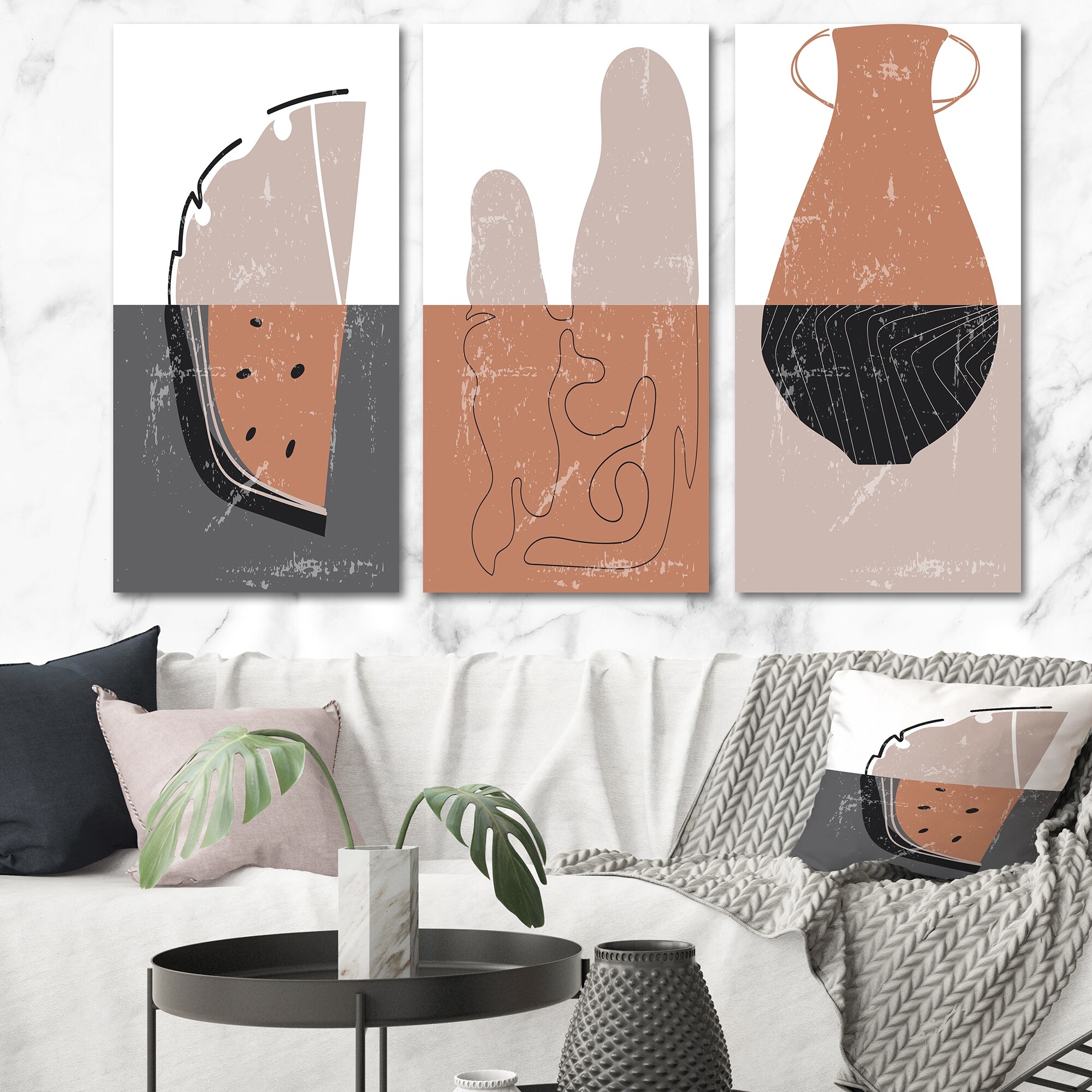 Designart Grey Brown Minimalist Vintage Doodles Modern Contemporary Wall Art-image