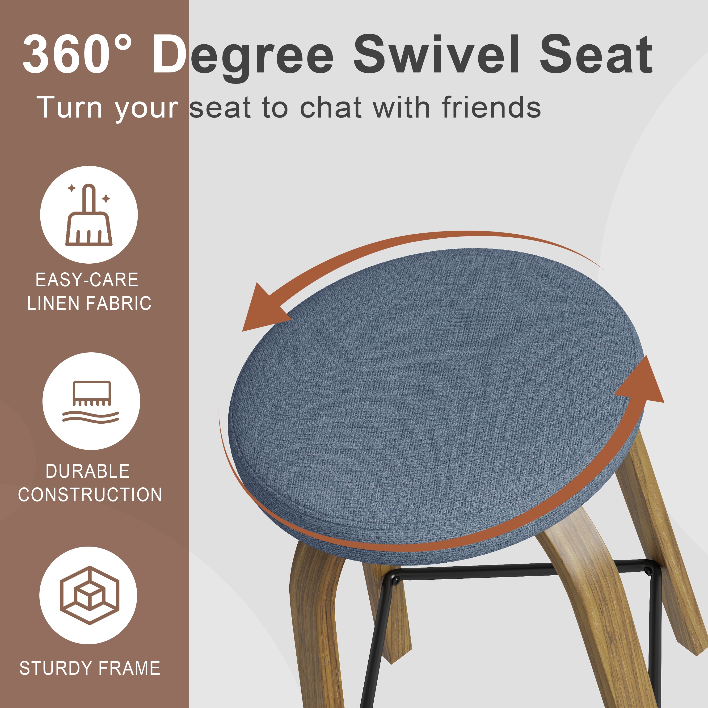 Swivel Bar Stool Set Of Two With Fabric Upholstered Seat And Sturdy Wood Legs