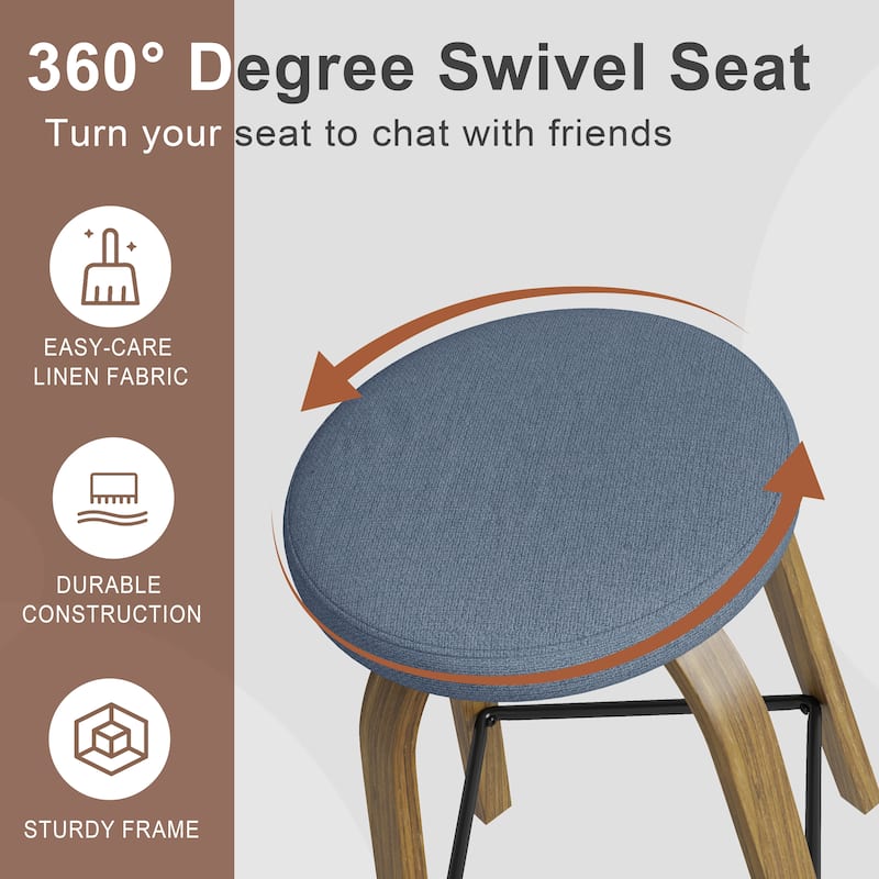 Swivel Bar Stools Set of 2, Counter Height Backless 26″Bar Stools, Fabric Upholstered Seat, Sturdy Wood Legs and Metal Footrest