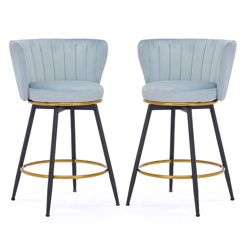 Mid-century Counter Height Bar Stools Set of 2 360° Swivel Barstools with Vertical Stripe Backrest and Round Padded Seat