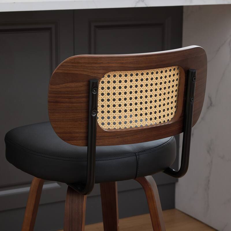 Roomfitters Rattan Counter Height Bar Stools Set of 2, 26-Inch Swivel Cane Back Kitchen Chairs with Walnut Wood Legs