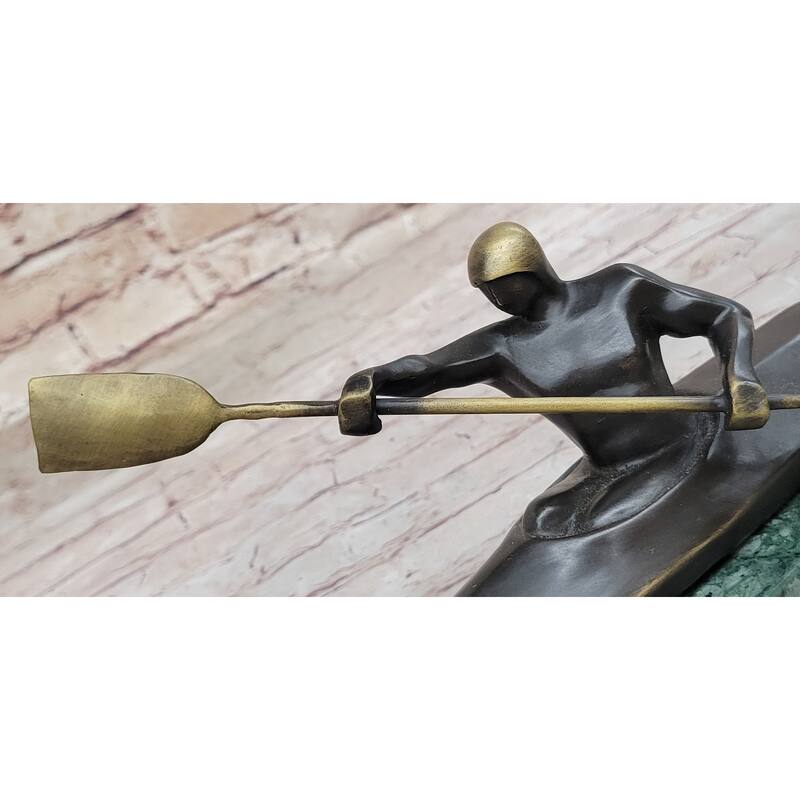 Hot Cast Canoeing Trophy Bronze Sculpture By Mario Nick Green Marble Base Figure