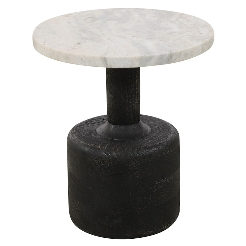HomeRoots 21" White and Black Distressed Marble and Solid Wood Round Pedestal End Table - 18 in. x 21 in. x 18 in.