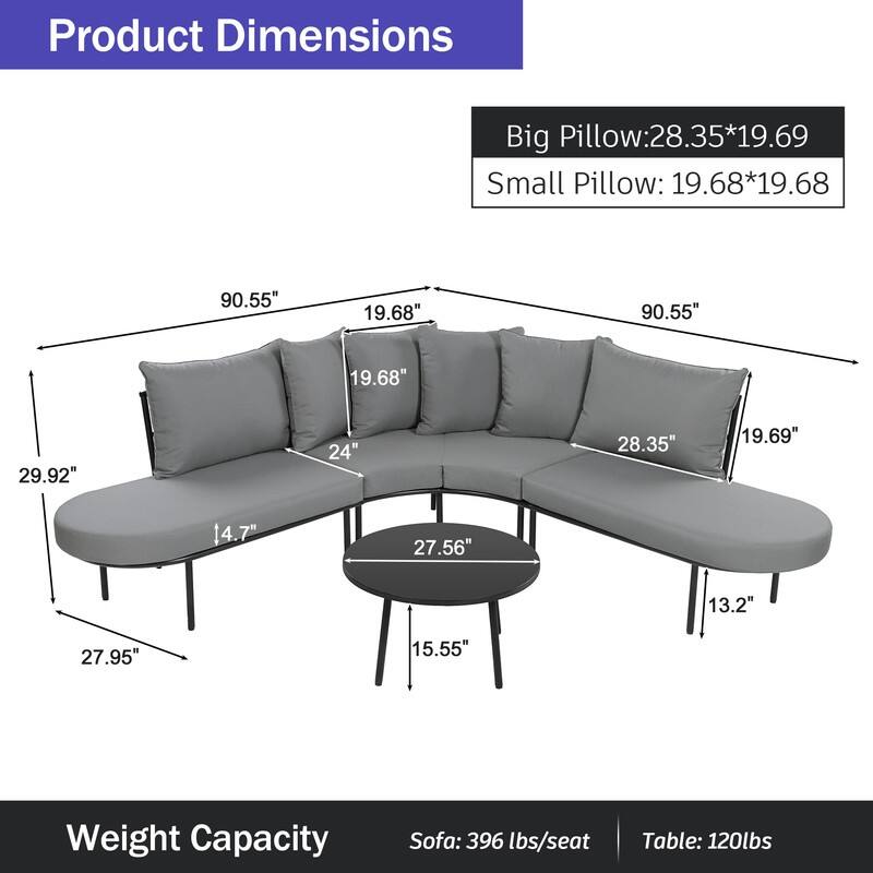 Patio Half-Moon Curved Sectional Sofa Set with Small Coffee Table, All-Weather-Used Iron Frame Outdoor Conversation Set