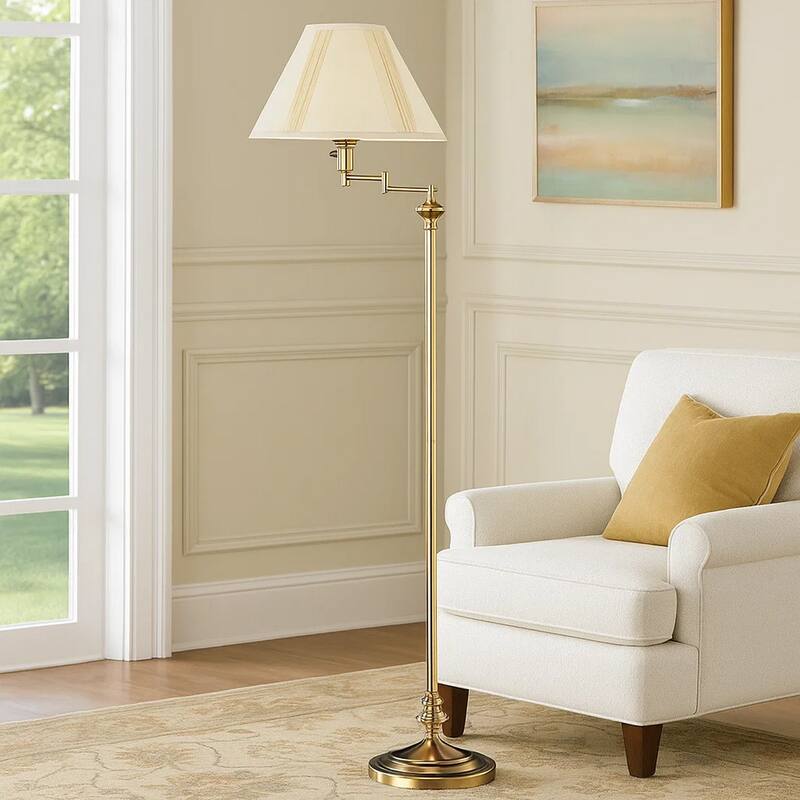 150 Watt Metal Floor Lamp with Swing Arm and Fabric Conical Shade, Gold