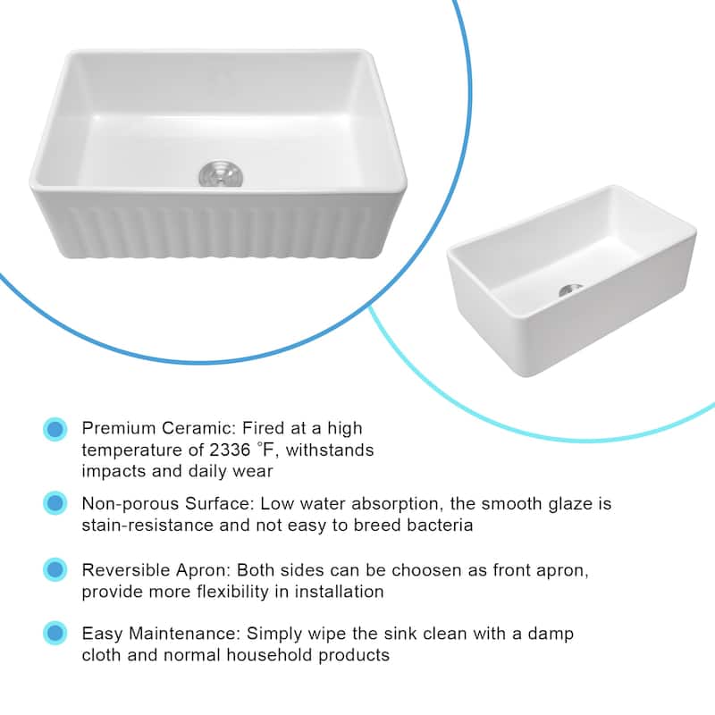 Kichae 33 Inch Ceramic Sink Undermount Farmhouse Apron Front White Kitchen Sink - 33 in.W x 18 in.D x 10 in.H