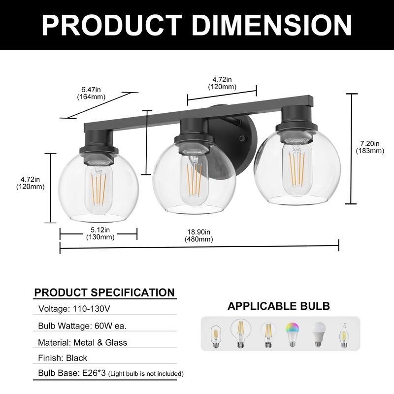 YANSUN 3-Light Mirror Vanity Light, Black Base, E26 Sockets, Large Clear Globe Glass Shades for Modern Bathroom Décor