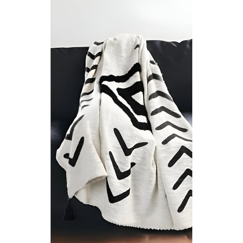 50" X 60" Black and White Woven Cotton Geometric Throw Blanket with Tassels - Throw