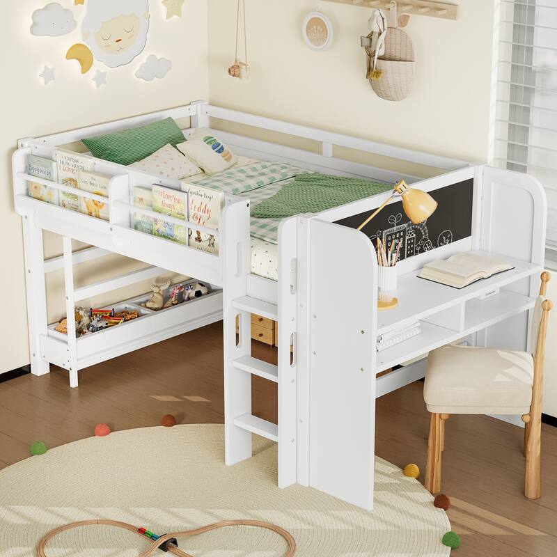 Low Solid Wood Loft Bed with Bookcase, Desk, Drawers and Storage Boxes - White - Twin