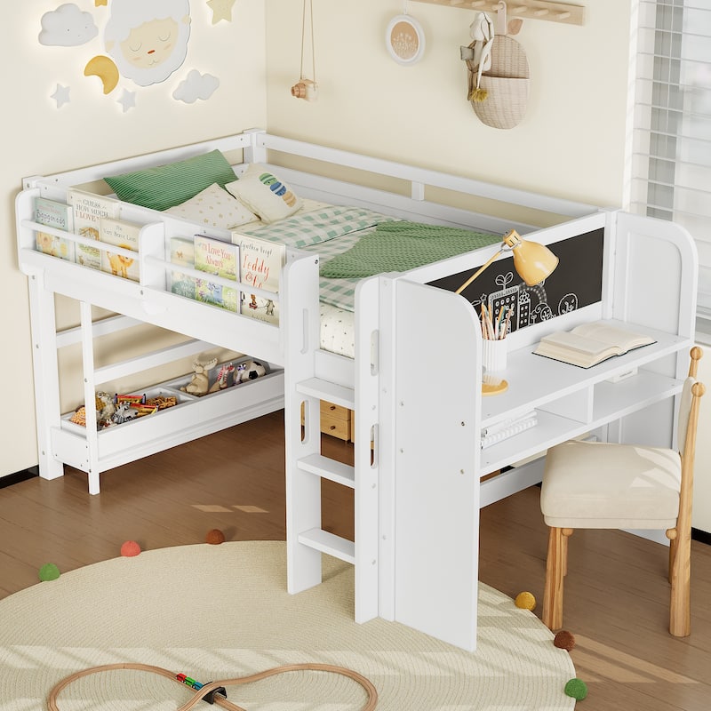 Twin Loft Bed with Multi-storage Bookcases, Boxes and Drawers, Solid Wood Low Loft Beds with Desk and Blackboard