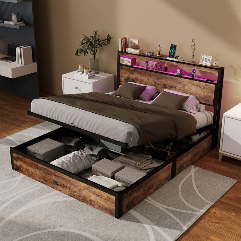 Rustic Brown Platform Bed Hydraulic Lift Storage Bed Frame, RGB LED Headboard with Charging Station, No Box Spring Needed
