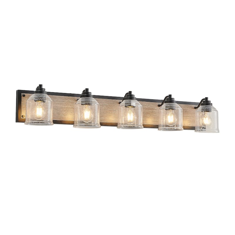 40" Farmhouse Vanity Light Fixture, 5-Light Bathroom Wall Sconce with Clear Seeded Glass Shades, Black and Wood Grain Finish