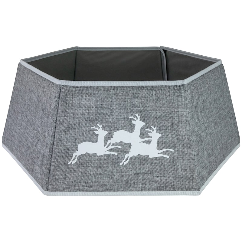 26" Gray Burlap with Reindeer Hexagonal Christmas Tree Collar - Grey