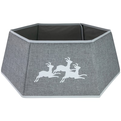 26" Gray Burlap with Reindeer Hexagonal Christmas Tree Collar - Grey