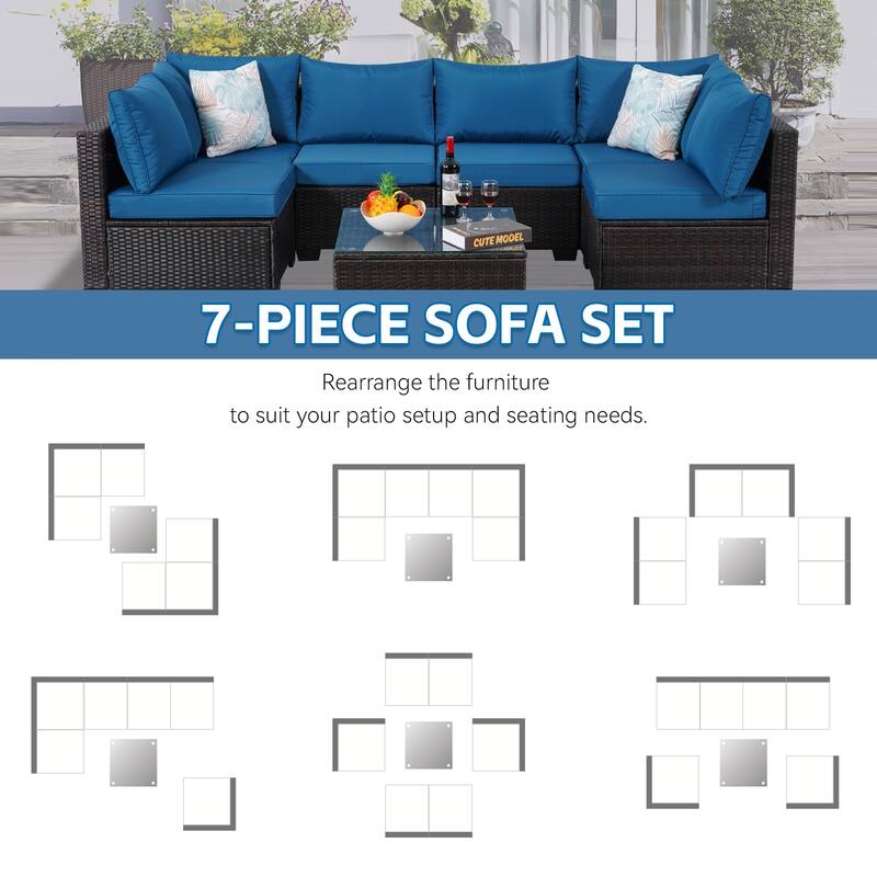 7-Piece Wicker Outdoor Sectional Set with Cushions and Coffee Table