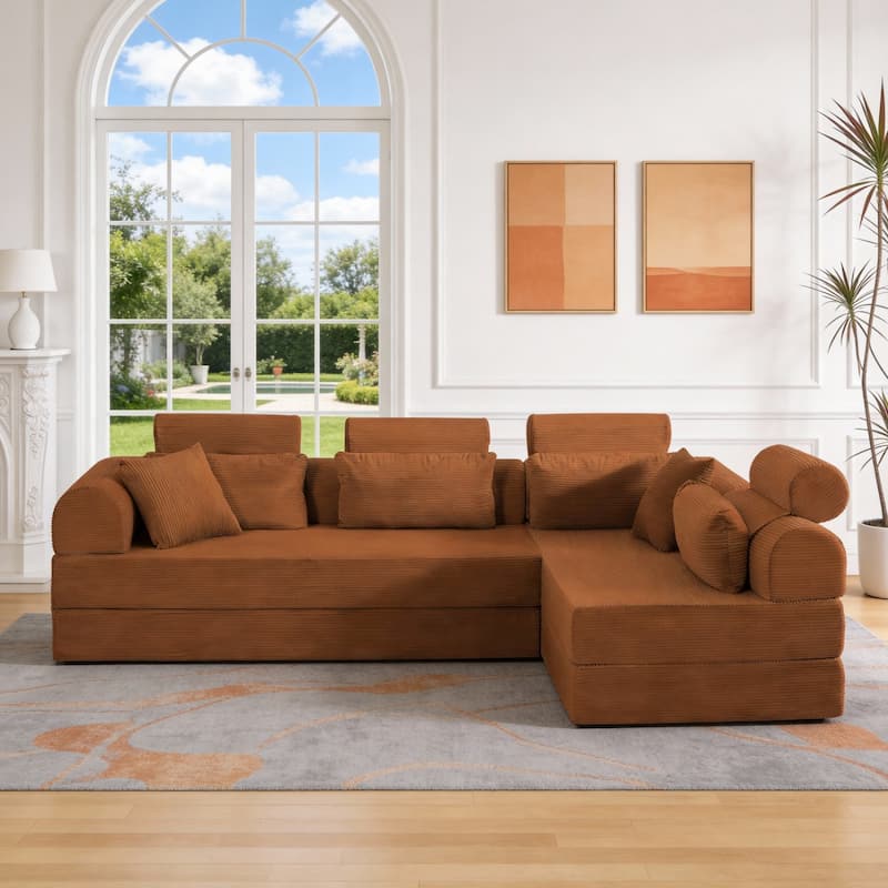 106.3" L-Shaped Corduroy Sectional Sofa with Pillows, No Assembly Required