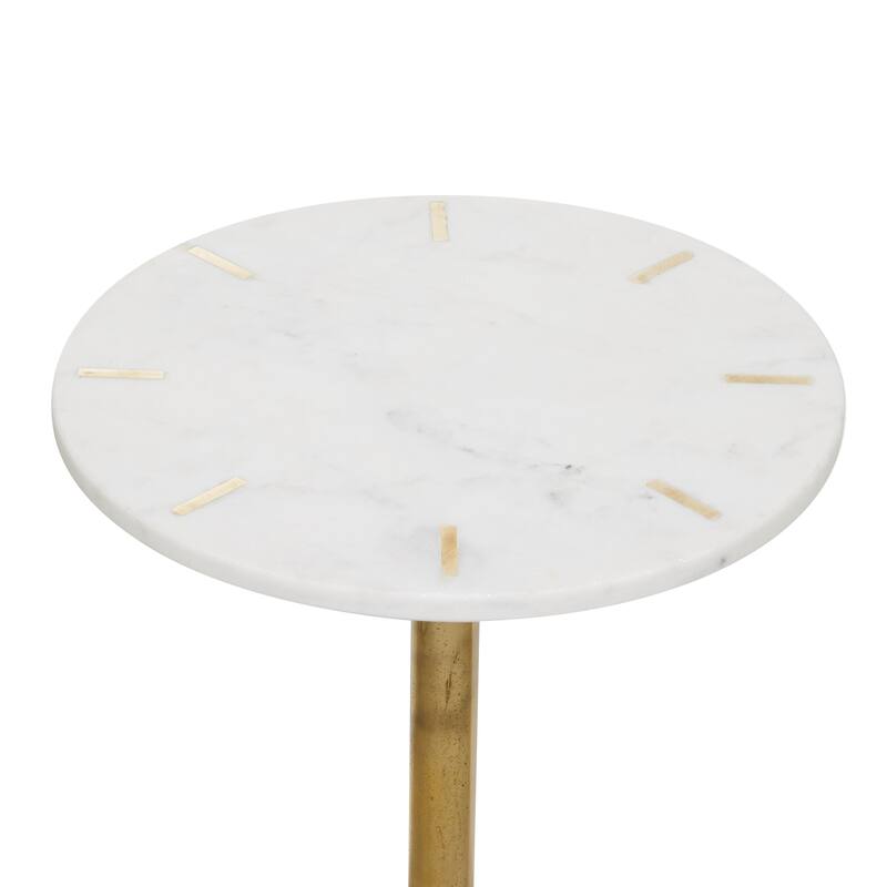 White Marble Accent Table with Gold Inlay and Scrolled Base