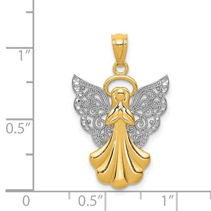 Curata 14k Yellow Gold Rhodium 18" Filigree Angel Pendant Necklace - 28x17.7m