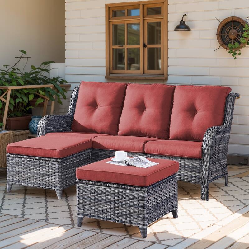 Outdoor 3-Piece Wicker Sofa Set with Ottoman - Grey - Red