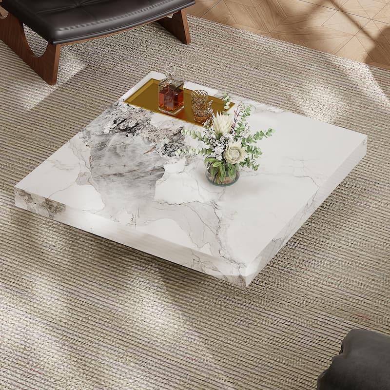Modern 42" Faux Marble Square Coffee Table，Glossy Sintered Stone Tabletop