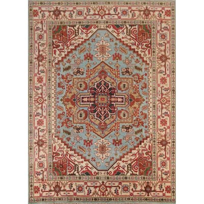 Light Blue Heriz Serapi Area Rug Handmade Geometric Wool Carpet - 7'10" x 9'10"