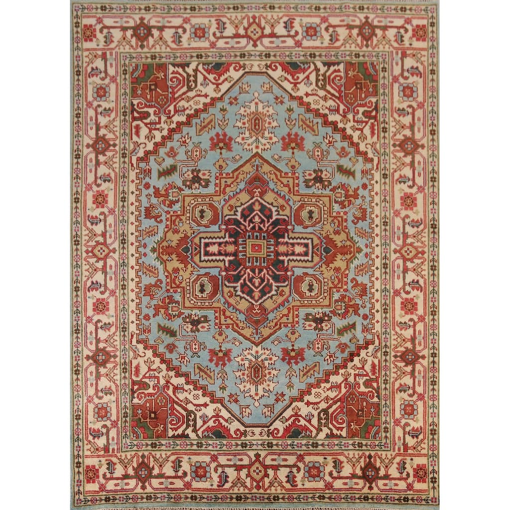Light Blue Heriz Serapi Area Rug Handmade Geometric Wool Carpet - 7'10" x 9'10"
