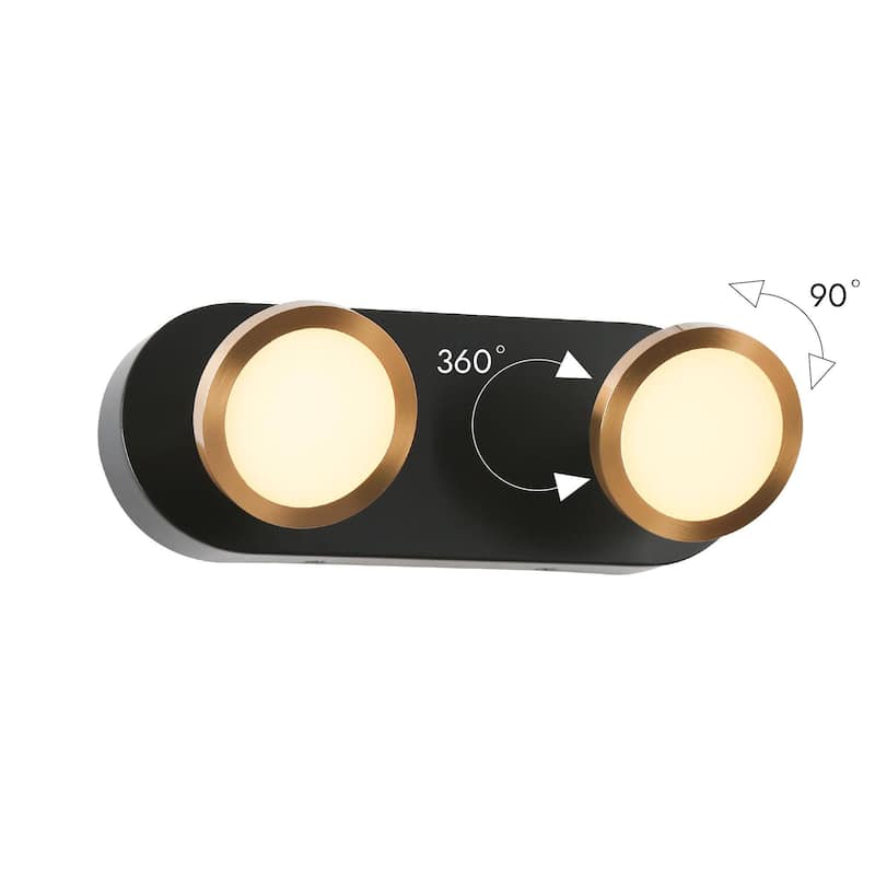 Modern 2-Light Black Gold LED Wall Sconces Bathroom Vanity Lights with Adjustable Shades - 11.8" L x 3.3" W x 4.3" H