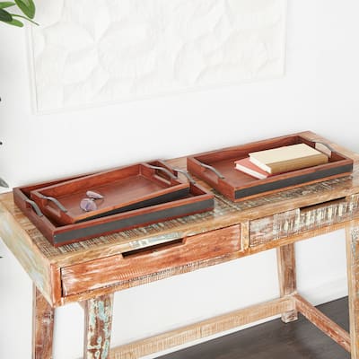 Mango Wood Tray with Sleek Black Metal Handles (Set of 3) - Brown or Cream