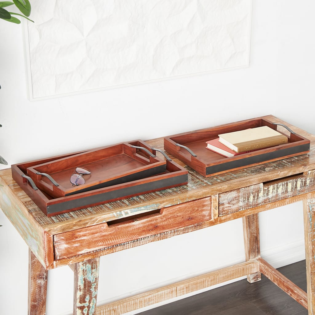 Mango Wood Tray with Sleek Black Metal Handles (Set of 3) - Brown or Cream