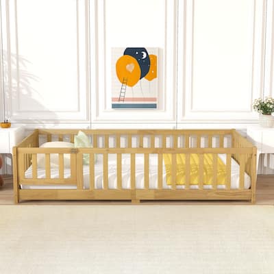 Twin Size Floor Bed with Fence and Door, Safety Guardrails
