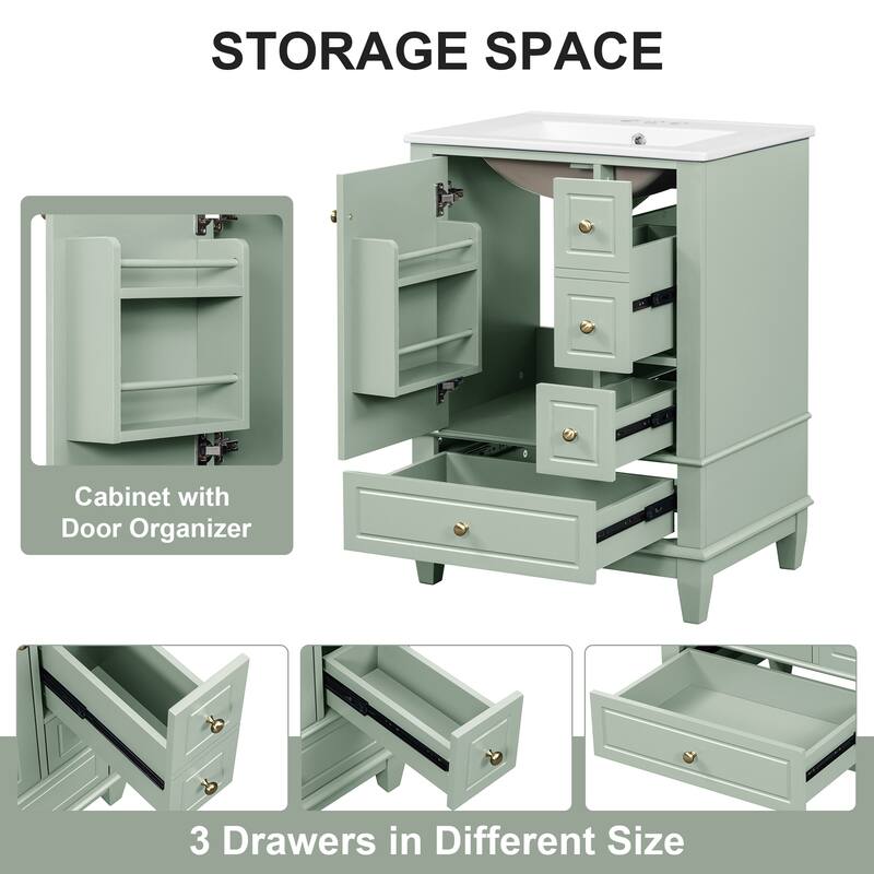 24" Freestanding Bathroom Vanity with Sink - Ceramic Top, Drawers & Shelves, MDF & Solid Wood Base, for Small Bathrooms