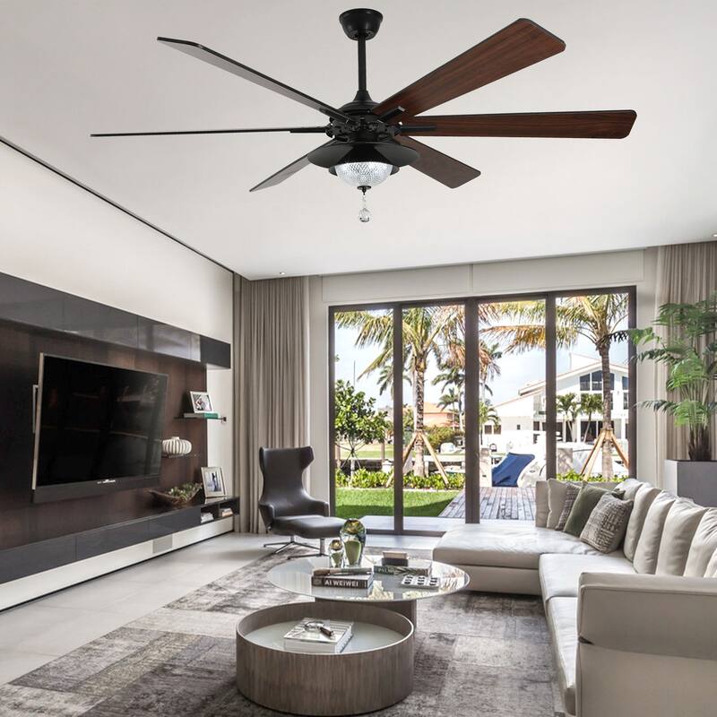 CurveCurio 72" Antique Lagre Ceiling Fan, Wood Blades and LED Lights Kit w Crystal Shade, Quiet DC Motor 6 Speed w Remote