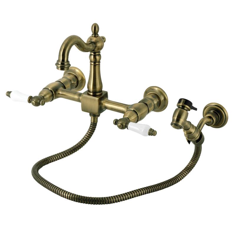 Kingston Brass Essex Double-Handle Wall-Mount Pre-Rinse Bridge Kitchen Faucet - Antique Brass