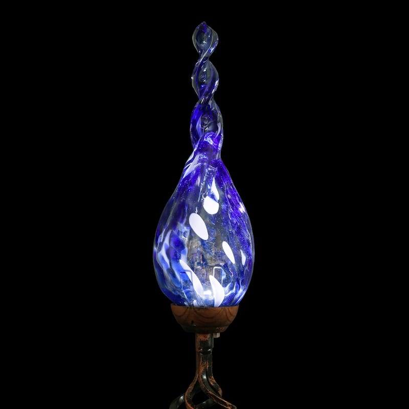Exhart Solar Pearlized Hand Blown Glass Twisted Flame Garden Stake with Metal Finial Detail, 36 Inch