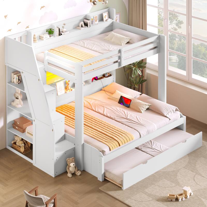 Twin over Full Bunk Bed with Storage Staircase - Trundle, Shelves, LED & USB for Kids Room - White - Twin