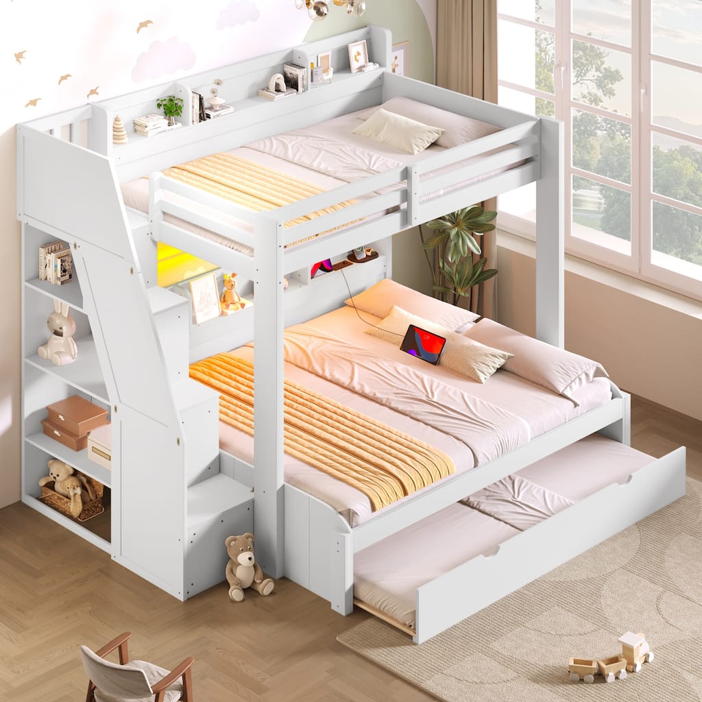 Twin over Full Bunk Bed with Trundle, Storage Staircase, LED and USB