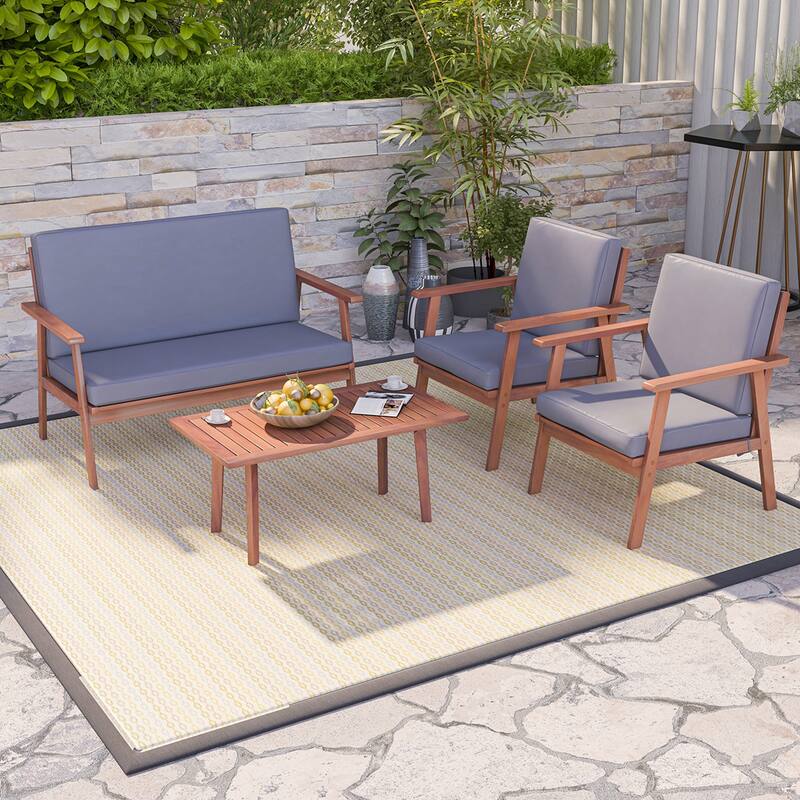 Costway 4 PCS Patio Conversation Set Acacia Wood Sofa Coffee Table - See Details