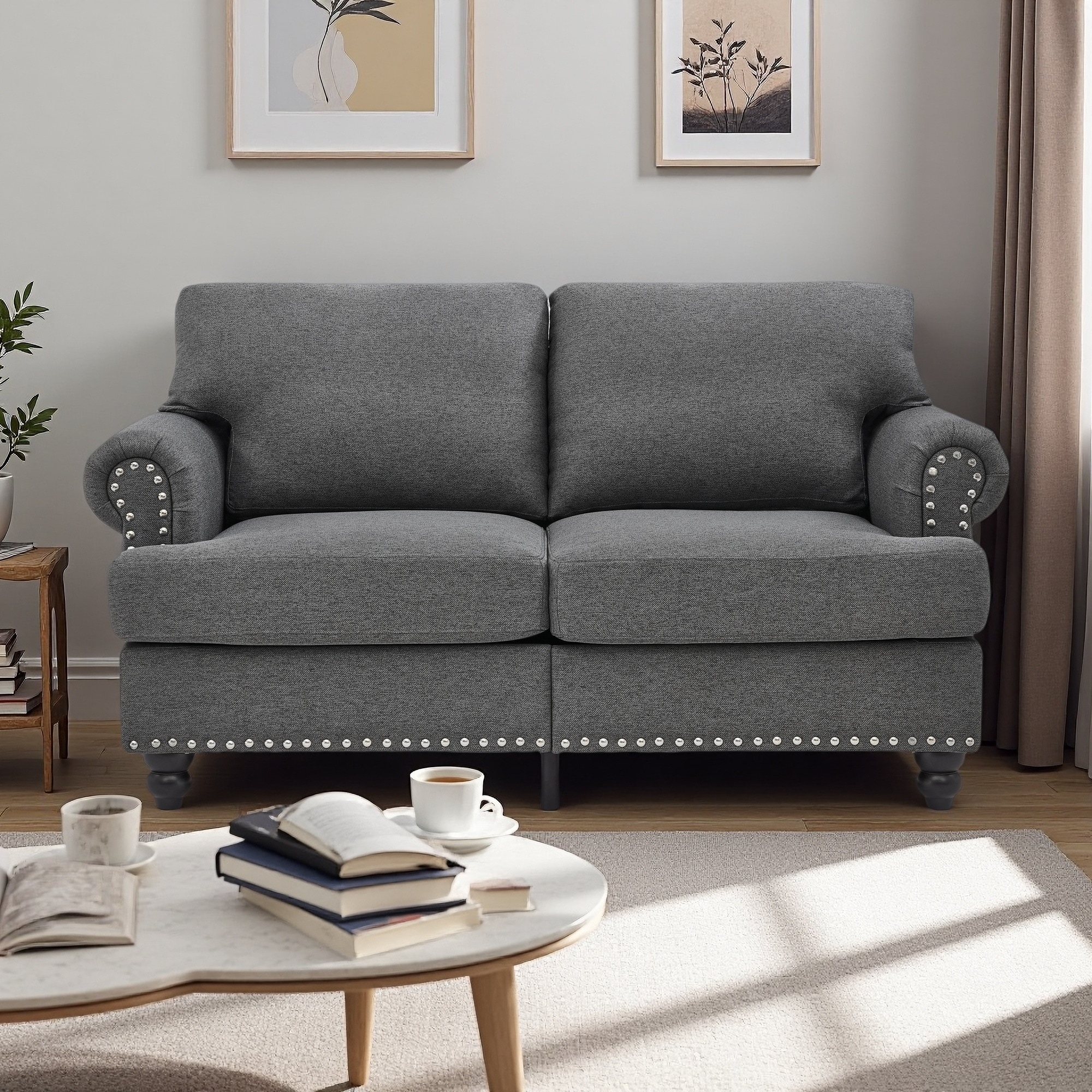 59.5" Polyester Loveseat, Modern Classic 2-Seater Sofa with Silver Nailhead Trim and Under-Seat Storage