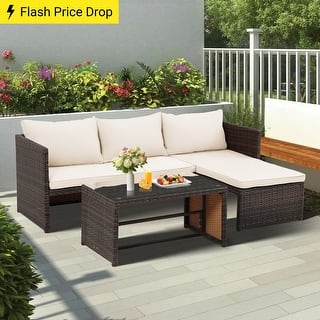 3-Piece Outdoor PE Rattan Furniture Set Patio Wicker Conversation Loveseat Sofa Sectional Couch Cushion