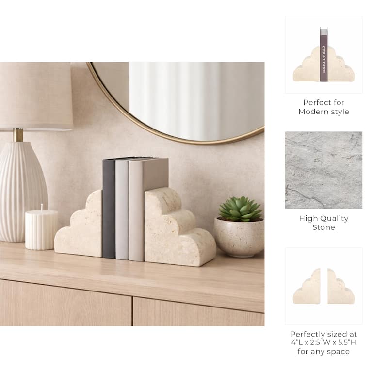 Travertine Modern Cloud Shape Bookends Set - Tan, 5" - 5.25"